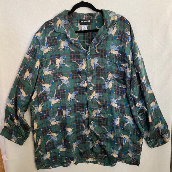 Joe Boxer Tops - Joe Boxer Vintage 100% Silk Pajama‎ Sleep shirt Green Plaid Mallard Duck Print